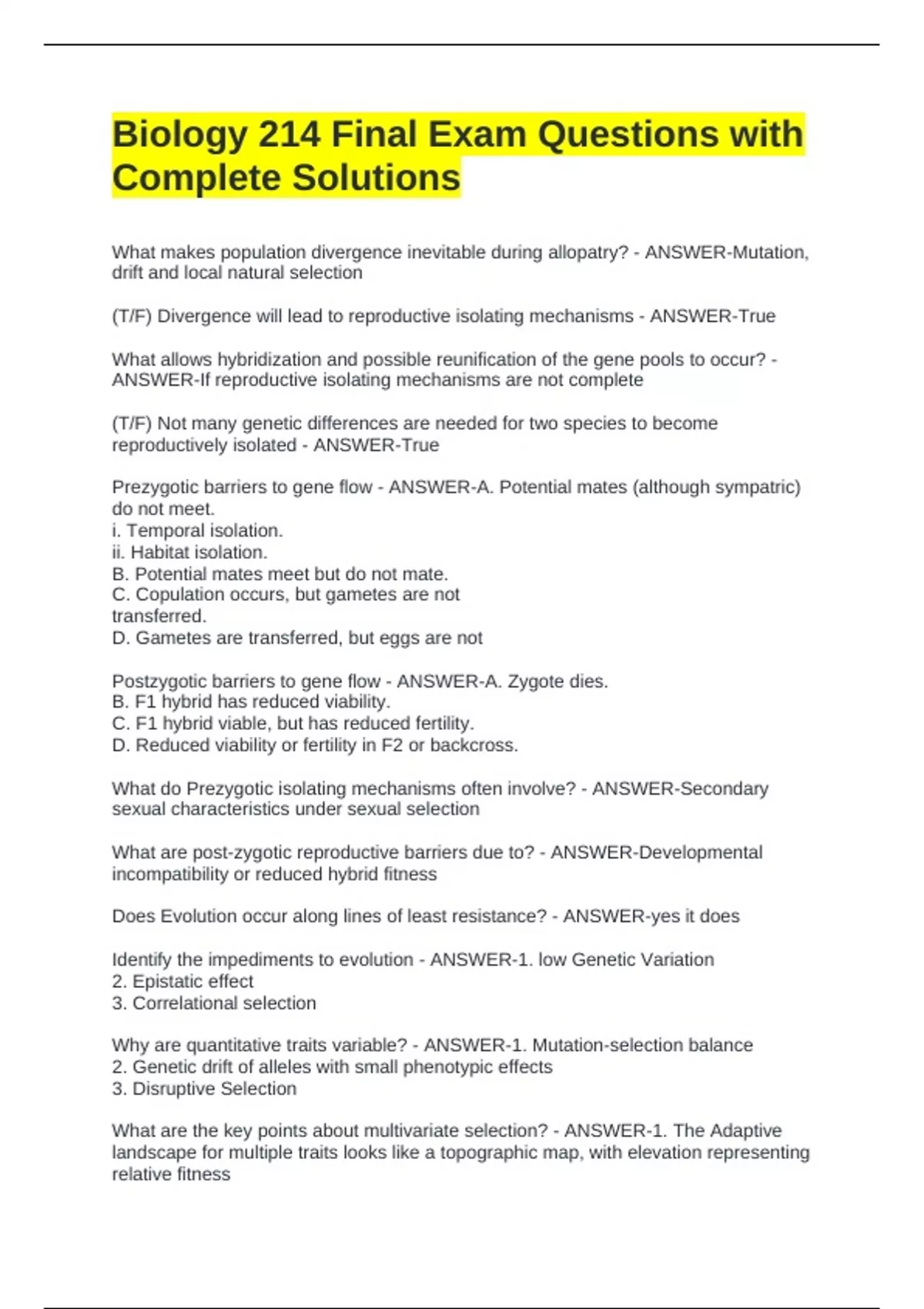 Biology 214 Final Exam Questions with Complete Solutions - BIO 214 ...
