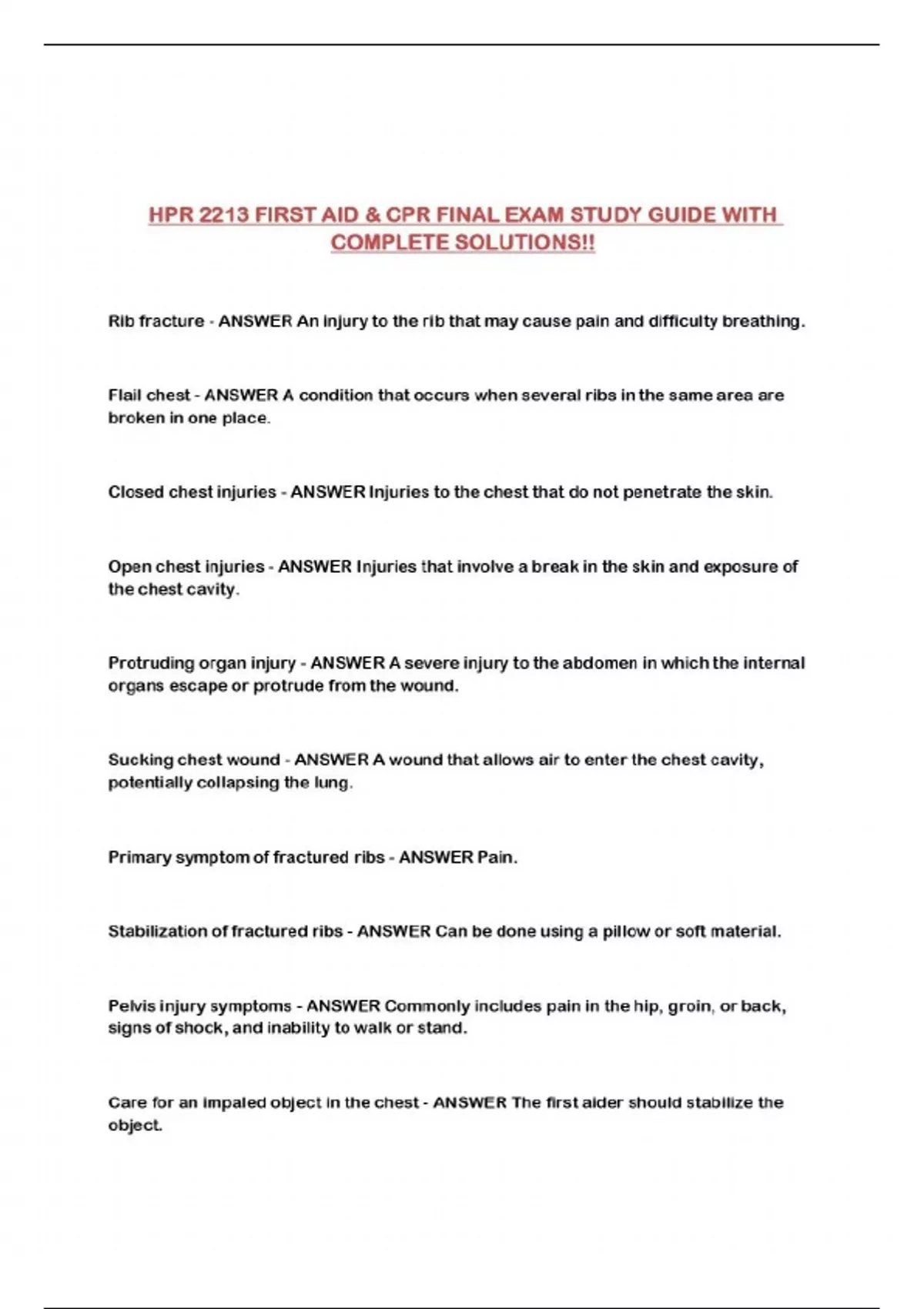 HPR 2213 FIRST AID &amp; CPR FINAL EXAM STUDY GUIDE WITH COMPLETE SOLUTIONS!! - HPR 2213 FIRST AID ...