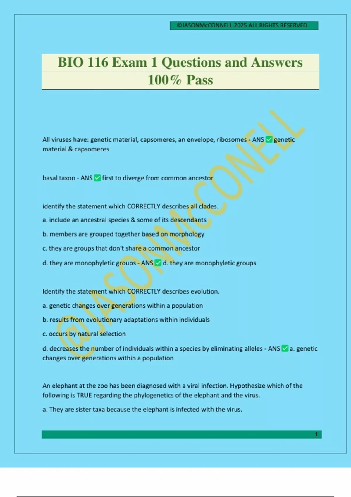 BIO 116 Exam 1 Questions and Answers 100% Pass - BIO 116 - Stuvia US