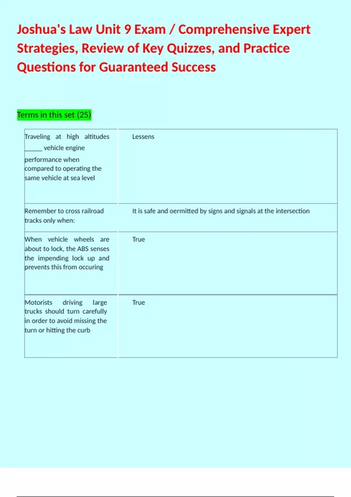 Joshua's Law Unit 9 Exam / Comprehensive Expert Strategies, Review of