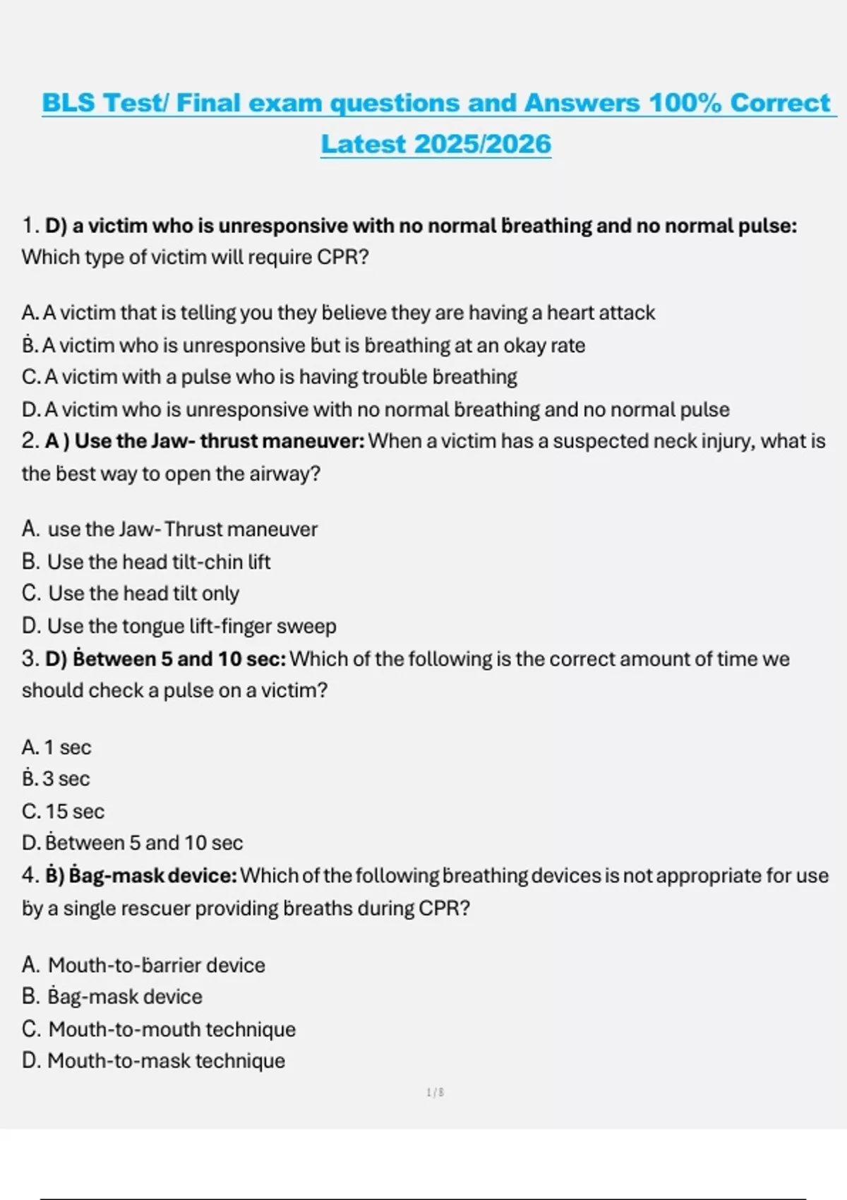 BLS Test/ Final exam questions and Answers 100% Correct Latest 2025/ ...