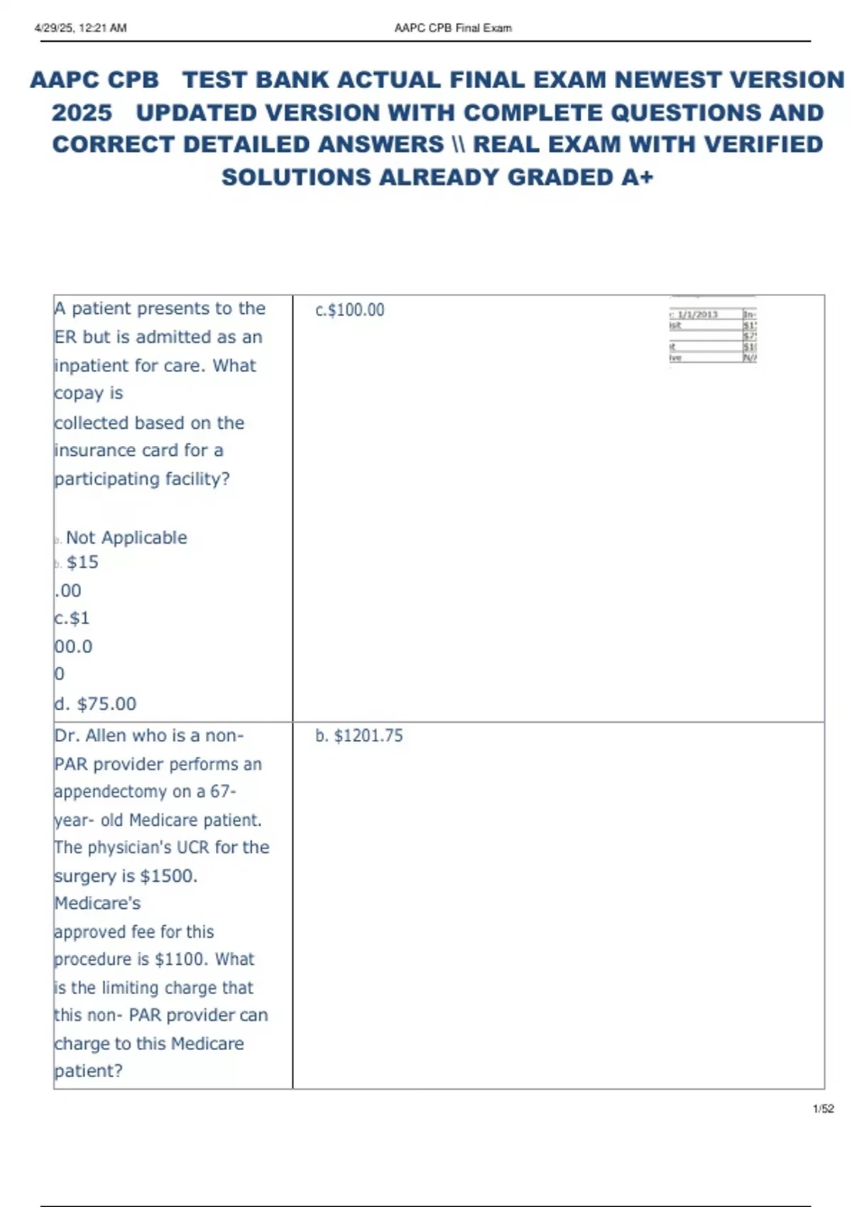 AAPC CPB TEST BANK ACTUAL FINAL EXAM NEWEST VERSION 2025 UPDATED ...