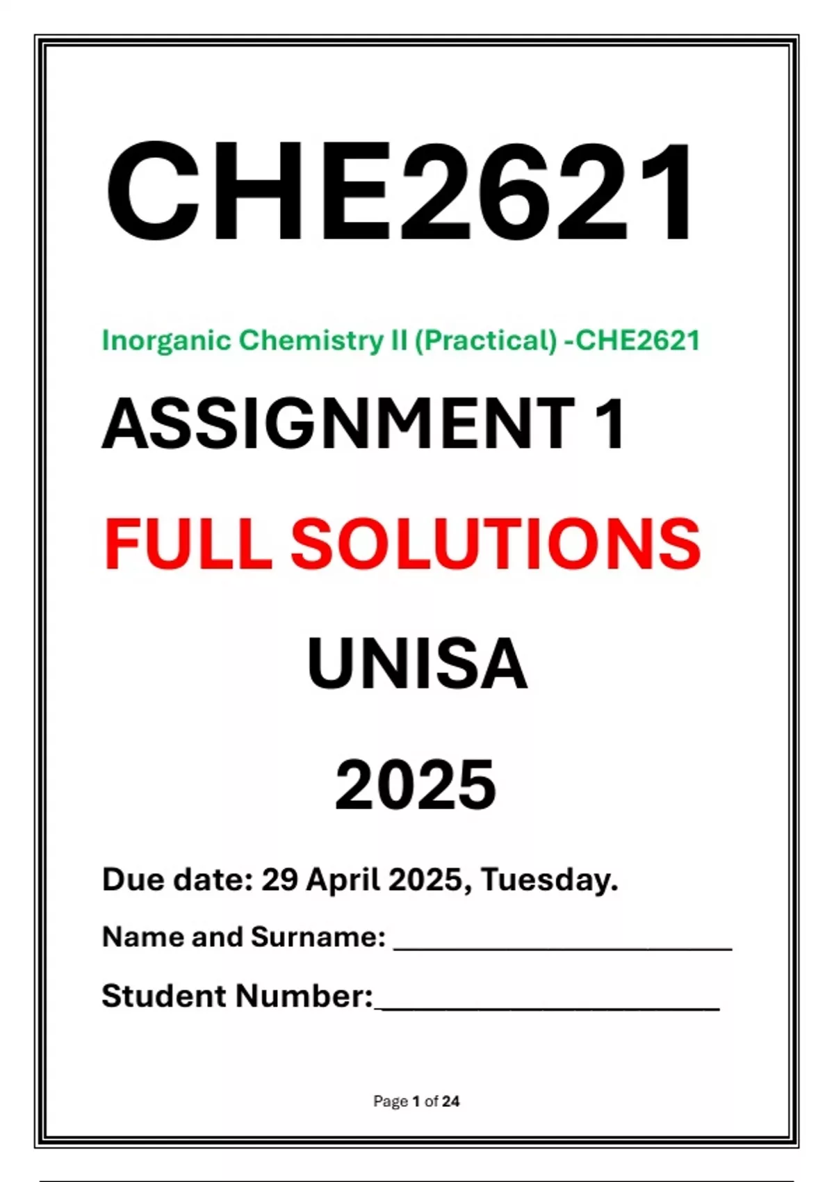CHE2621 Assignment 1 or Assessment 1 Complete Solutions UNISA 2025 ...