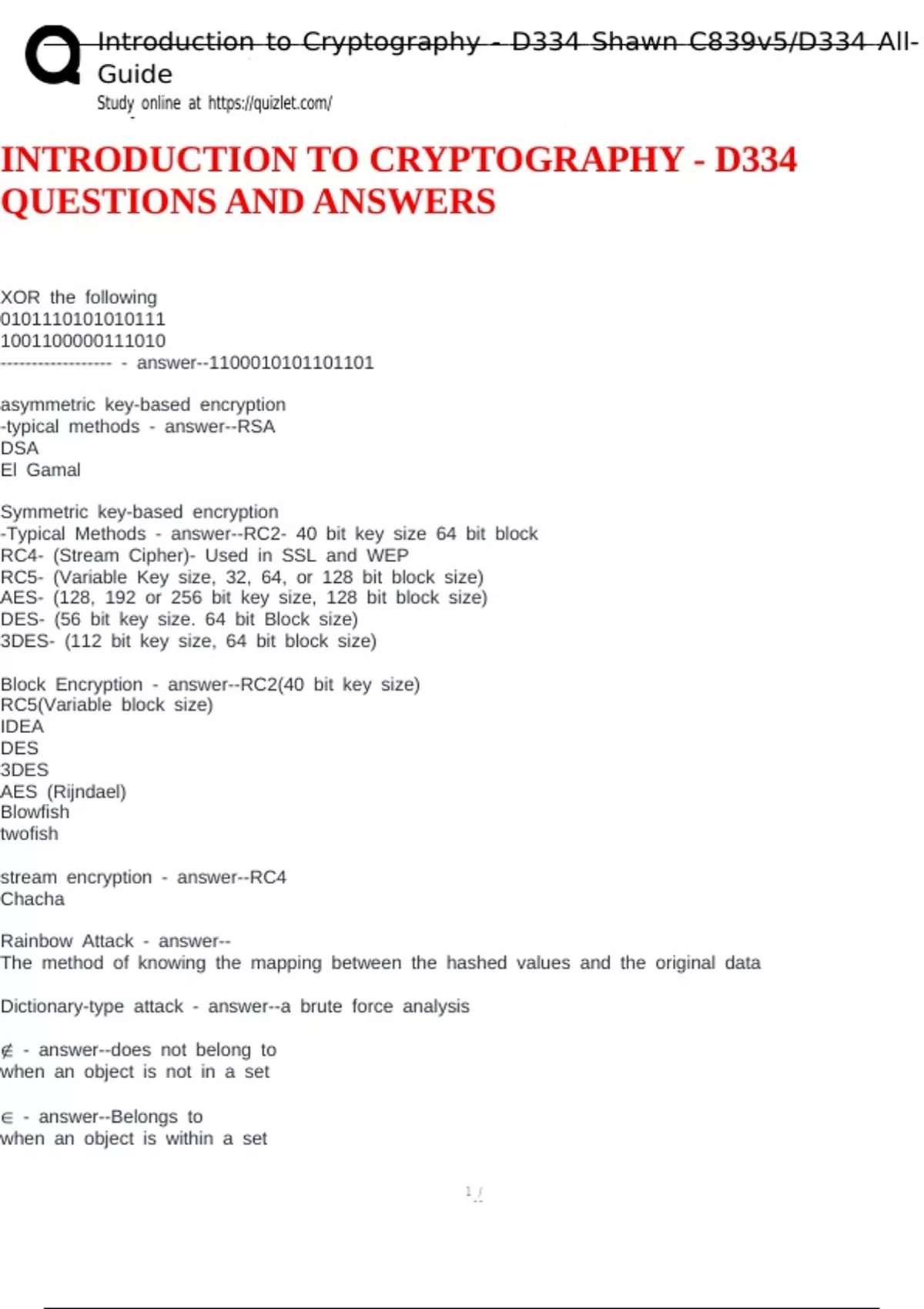 INTRODUCTION TO CRYPTOGRAPHY - D334 QUESTIONS AND ANSWERS - D334 ...