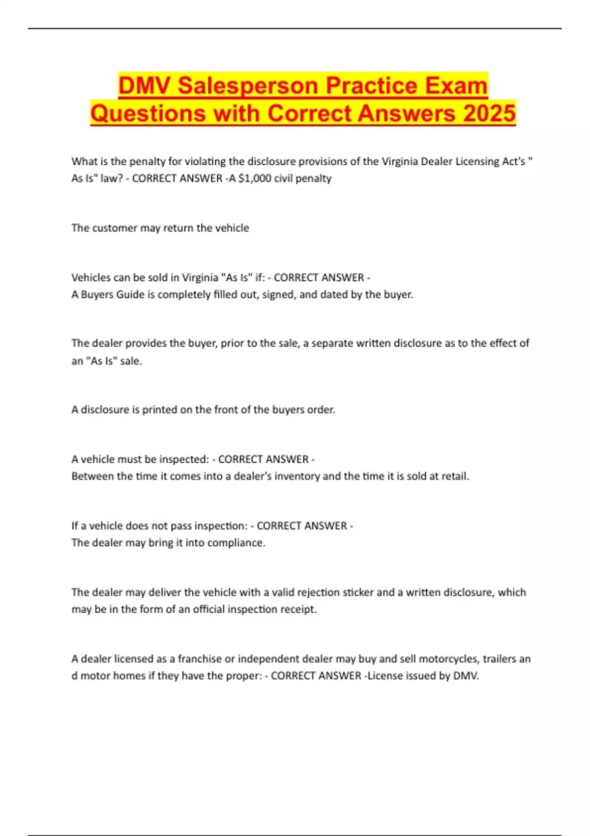 DMV Salesperson Practice Exam Questions with Correct Answers 2025 - DMV Salesperson - Stuvia US