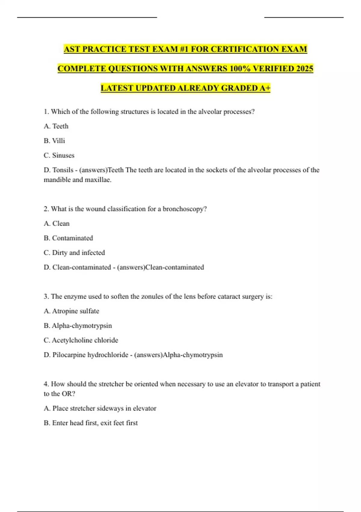 AST PRACTICE TEST EXAM #1 FOR CERTIFICATION EXAM COMPLETE QUESTIONS ...