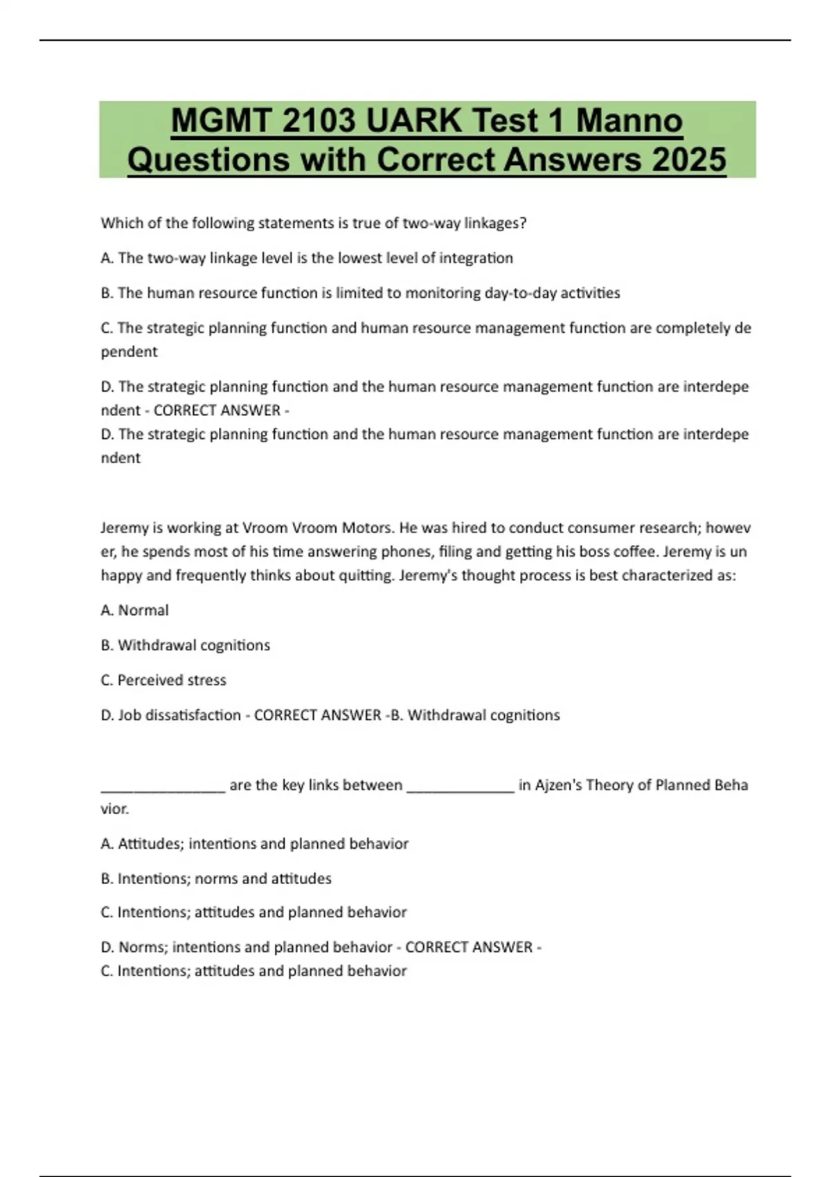 MGMT 2103 UARK Test 1 Manno Questions with Correct Answers 2025 - UARK ...