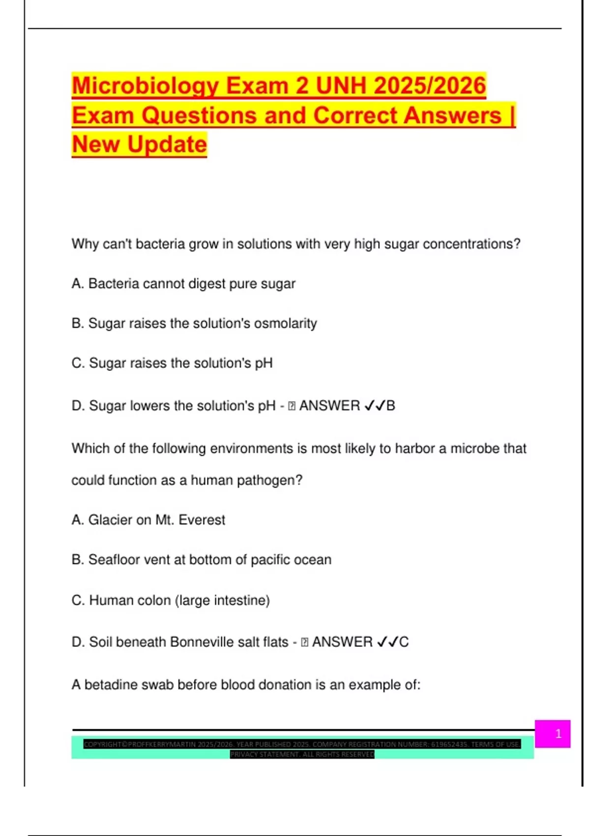 Microbiology Exam 2 UNH 2025/2026 Exam Questions and Correct Answers ...