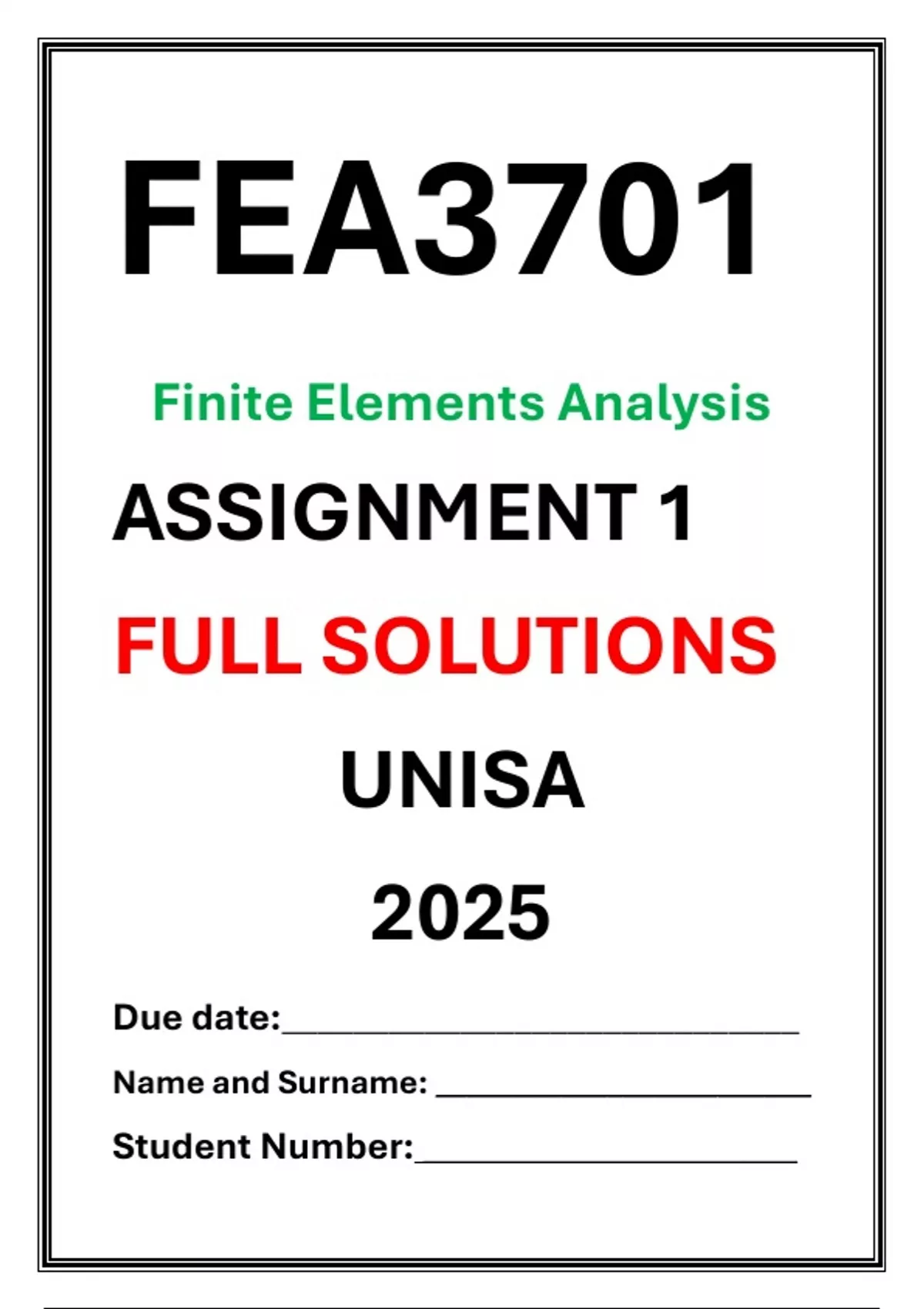 FEA3701 Assignment 1 Complete Solutions UNISA 2025 Finite Element ...