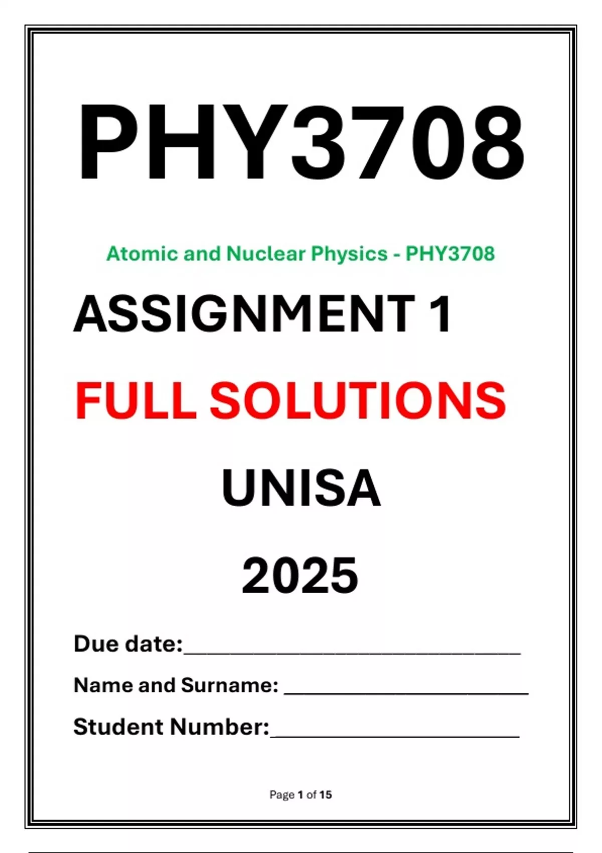PHY3708 Assignment 1 Complete Solutions UNISA 2025 Atomic and Nuclear ...