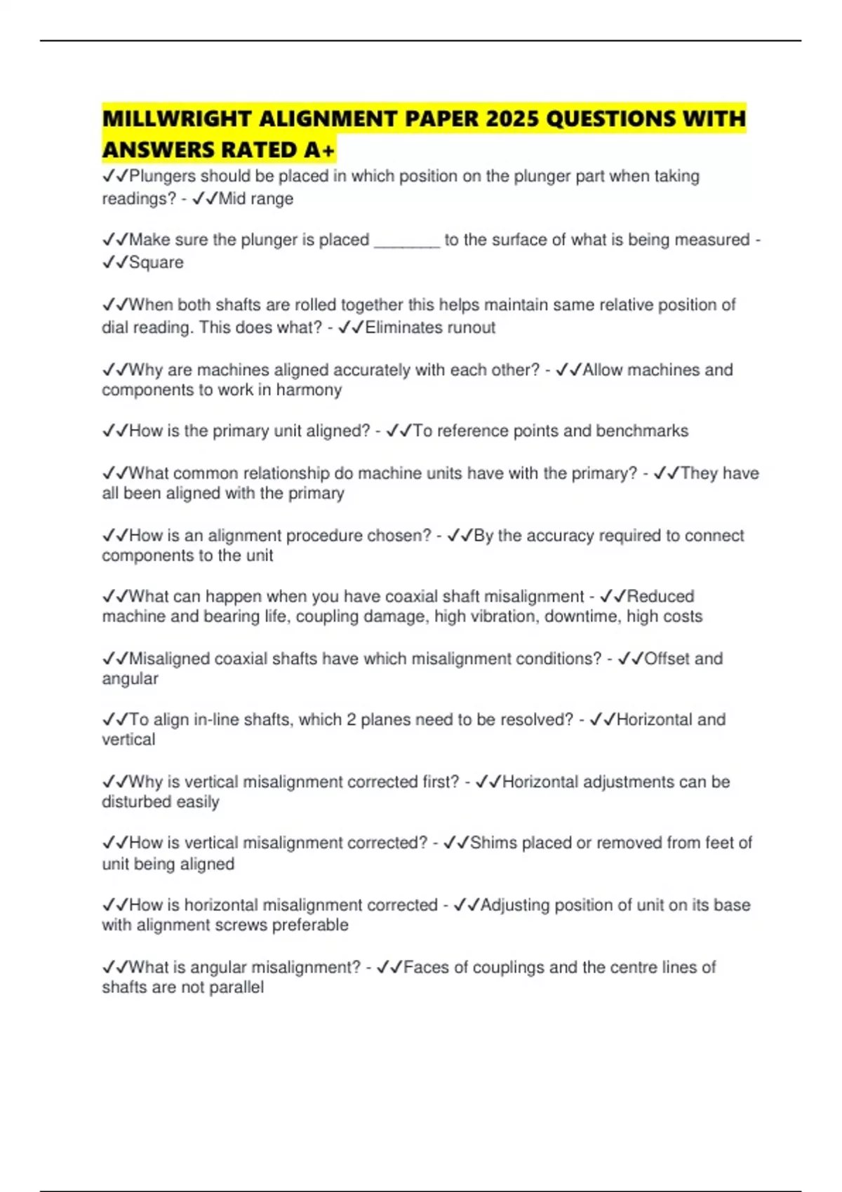 MILLWRIGHT ALIGNMENT PAPER 2025 QUESTIONS WITH ANSWERS RATED A+ ...