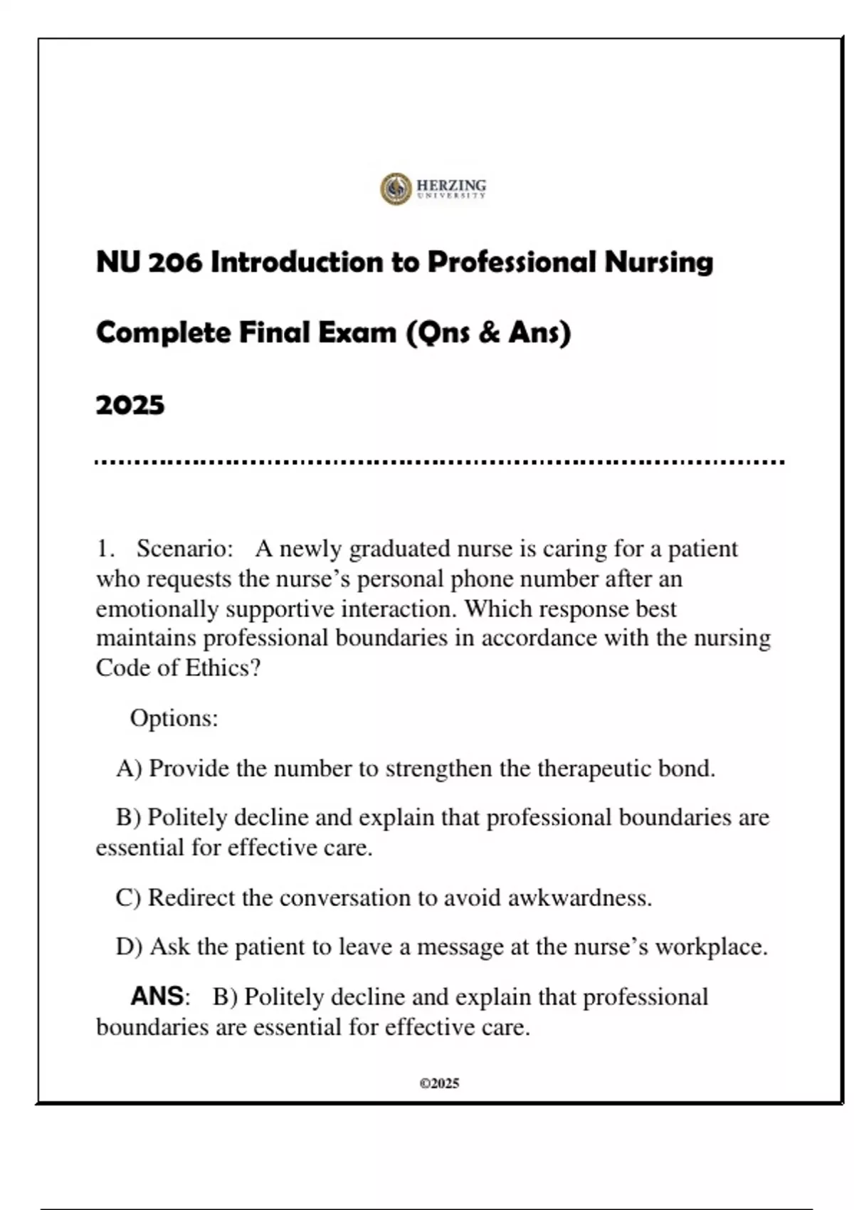 NU 206 Intro to Professional Nursing Final Exam 2025 (With Solns ...