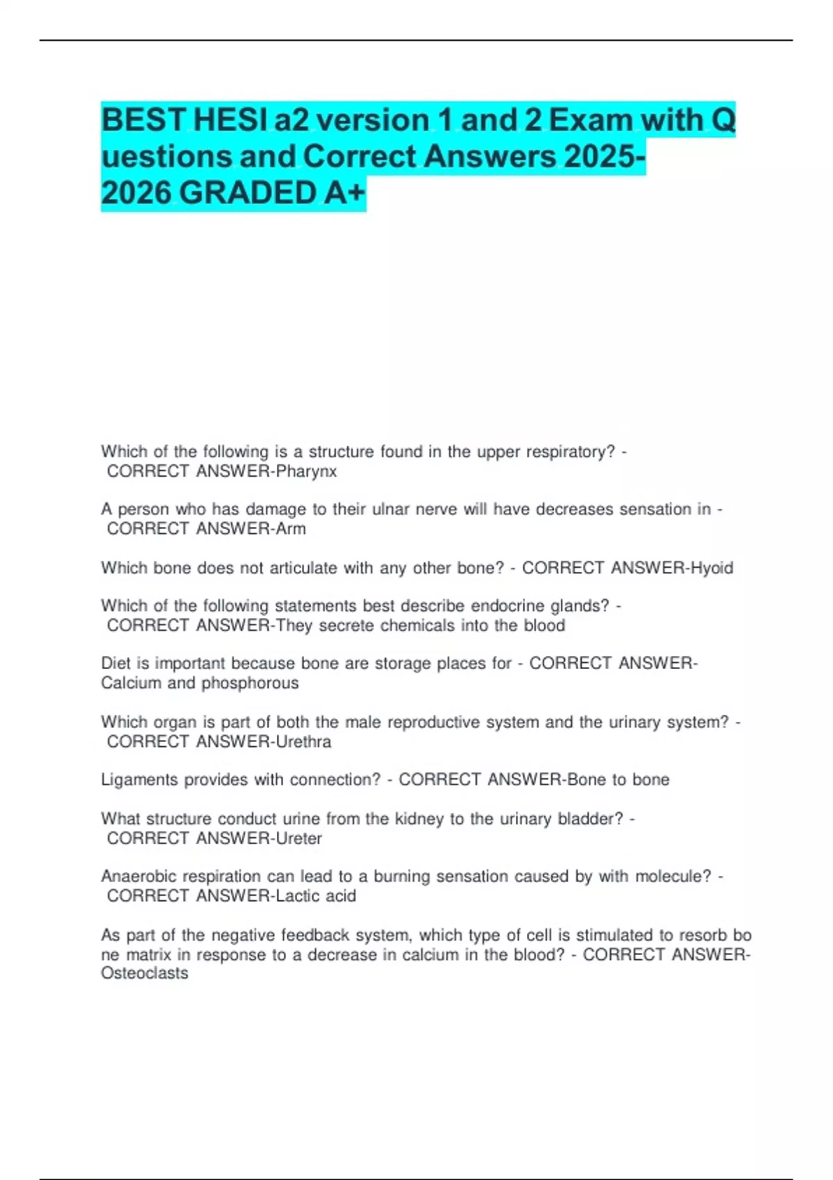 HESI A2 Version 1 and 2 Exam 2025 with Questions and Correct Answers ...