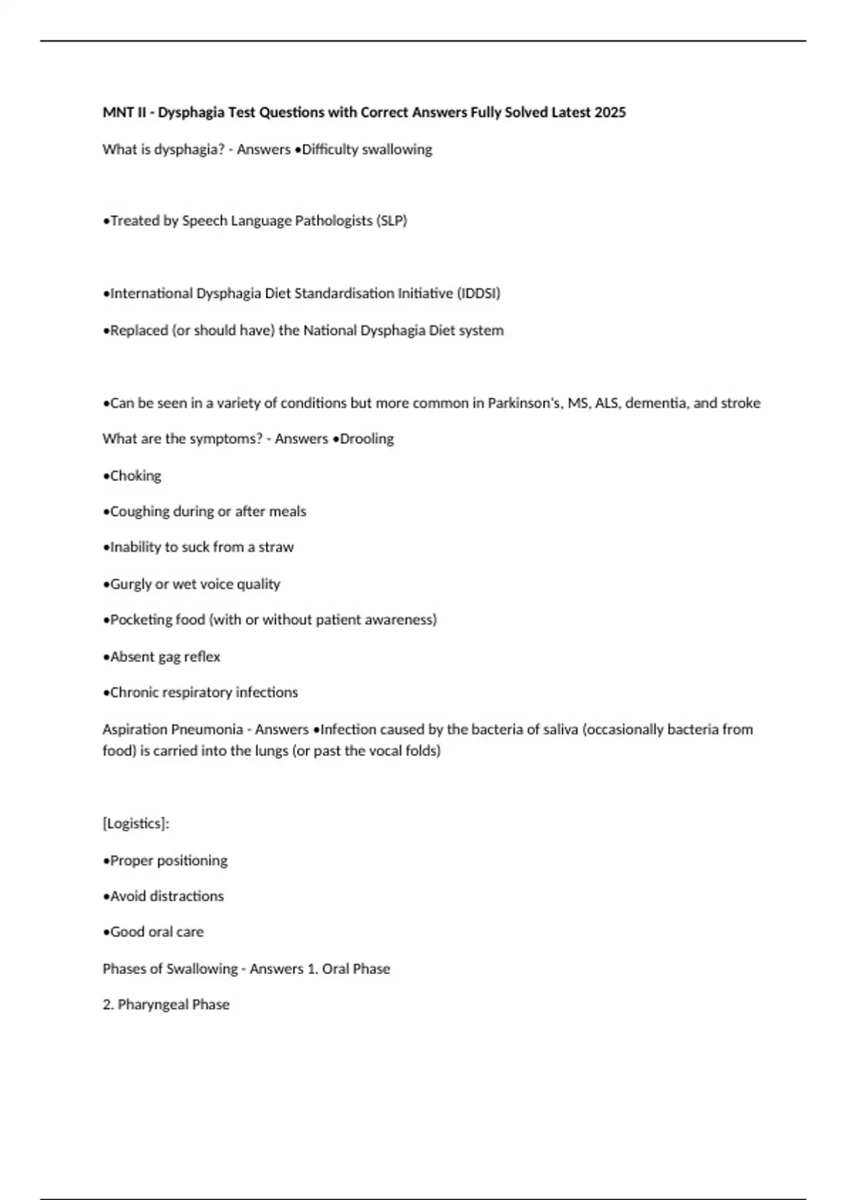 MNT II - Dysphagia Test Questions with Correct Answers Fully Solved ...