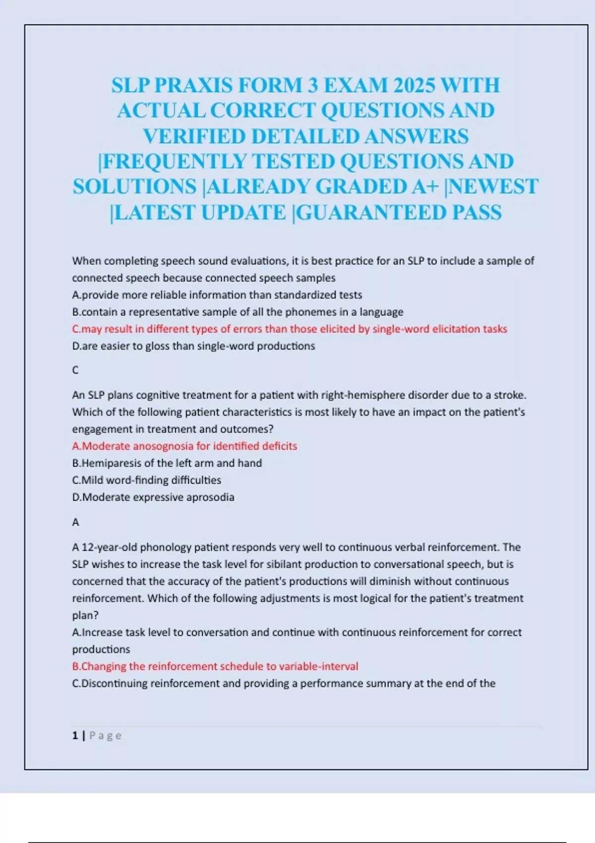 SLP PRAXIS FORM 3 EXAM 2025 WITH ACTUAL CORRECT QUESTIONS AND VERIFIED ...