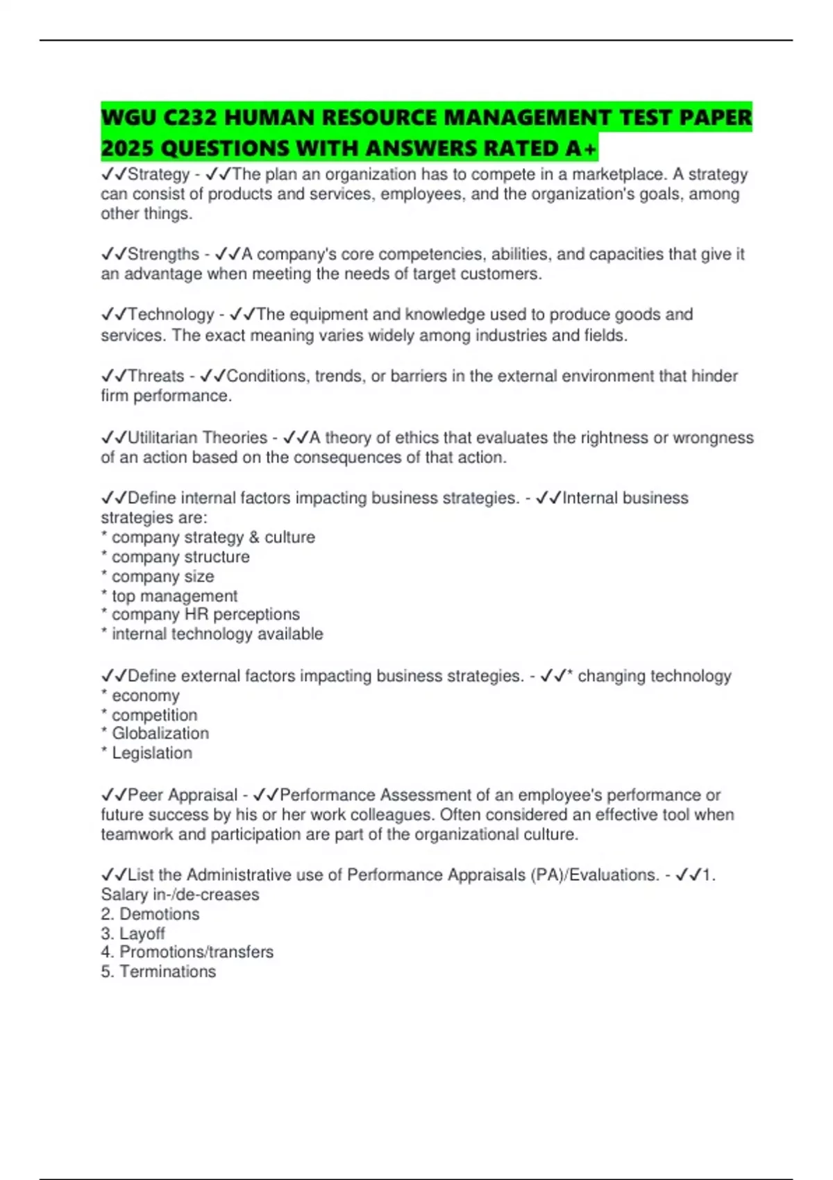 WGU C232 HUMAN RESOURCE MANAGEMENT TEST PAPER 2025 QUESTIONS WITH ...