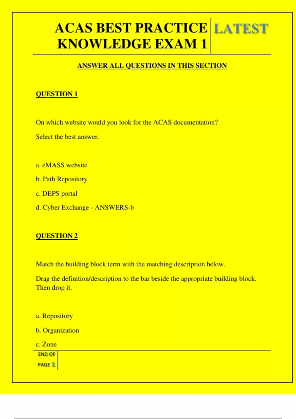 ACAS BEST PRACTICE KNOWLEDGE EXAM 1 QUESTIONS AND ANSWERS 2025 - ACAS ...