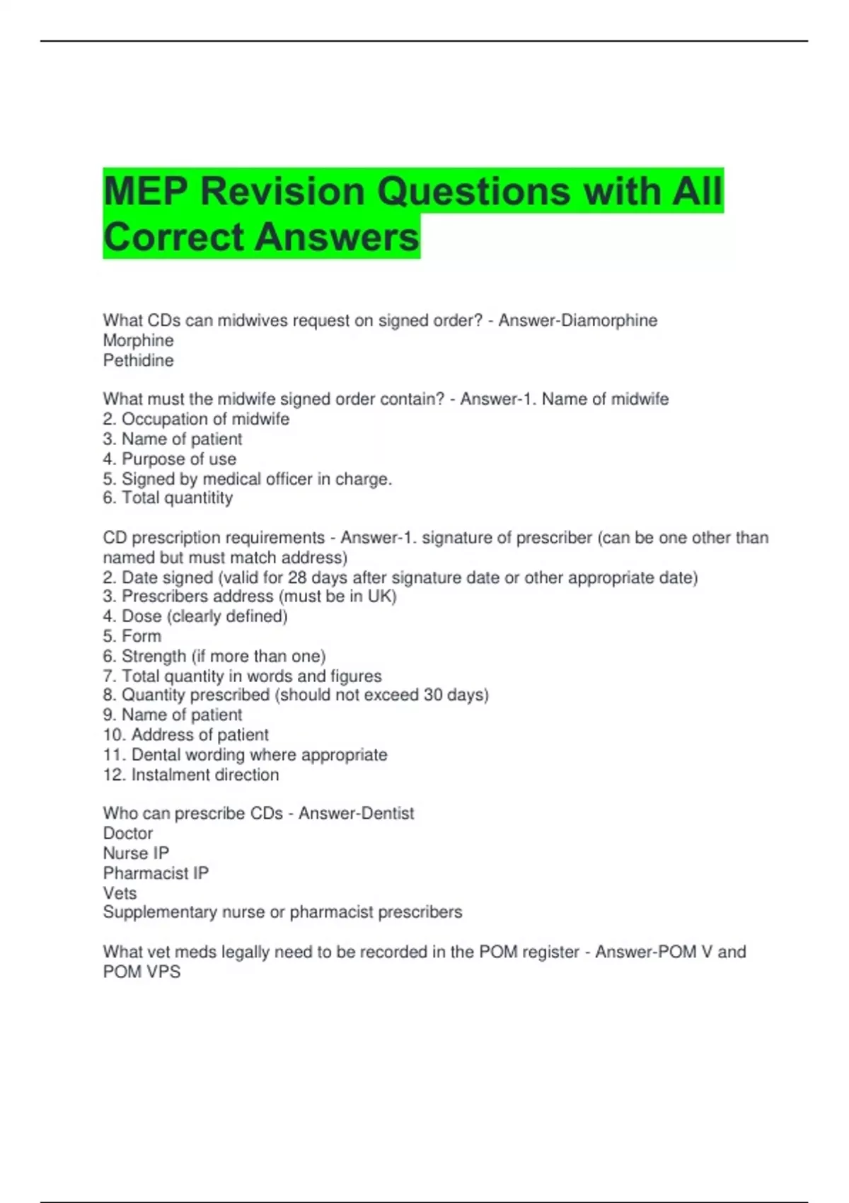 MEP Revision Questions with All Correct Answers - MEP - Stuvia US