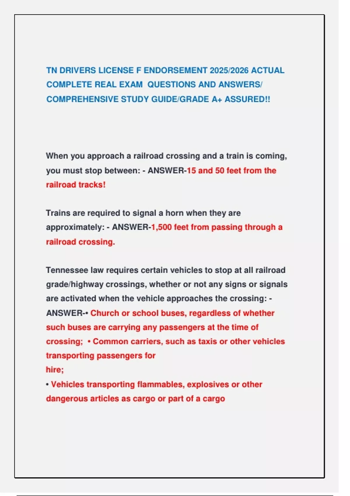 TN DRIVERS LICENSE F ENDORSEMENT 2025/2026 ACTUAL COMPLETE REAL EXAM ...