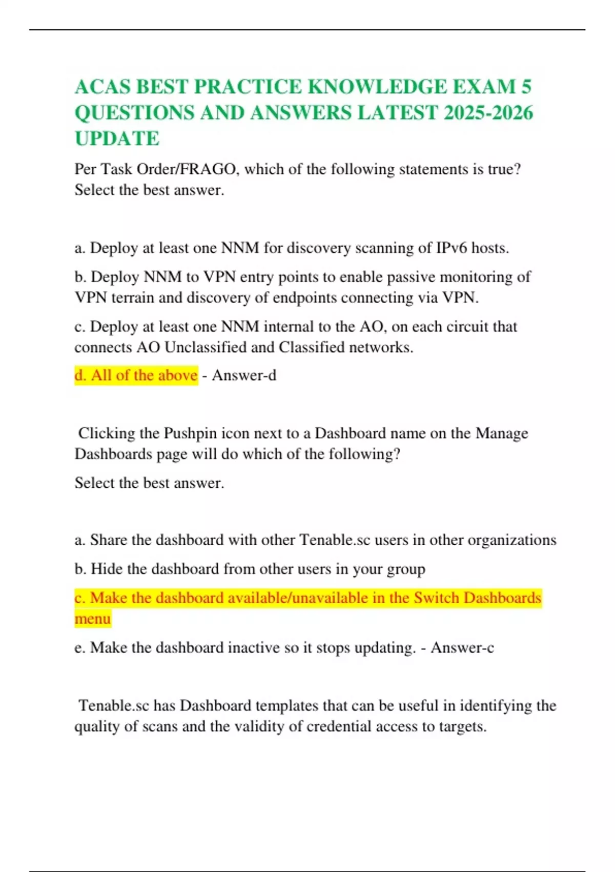 ACAS BEST PRACTICE KNOWLEDGE EXAM 5 QUESTIONS AND ANSWERS LATEST UPDATE ...