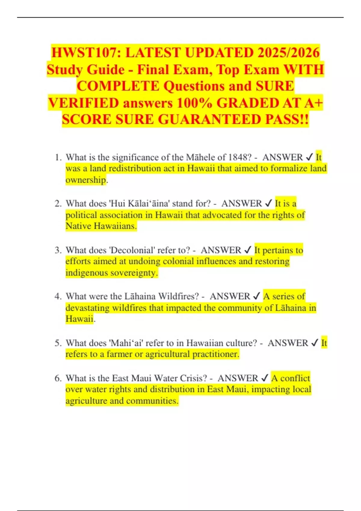 HWST107: LATEST UPDATED 2025/2026 Study Guide - Final Exam, Top Exam ...