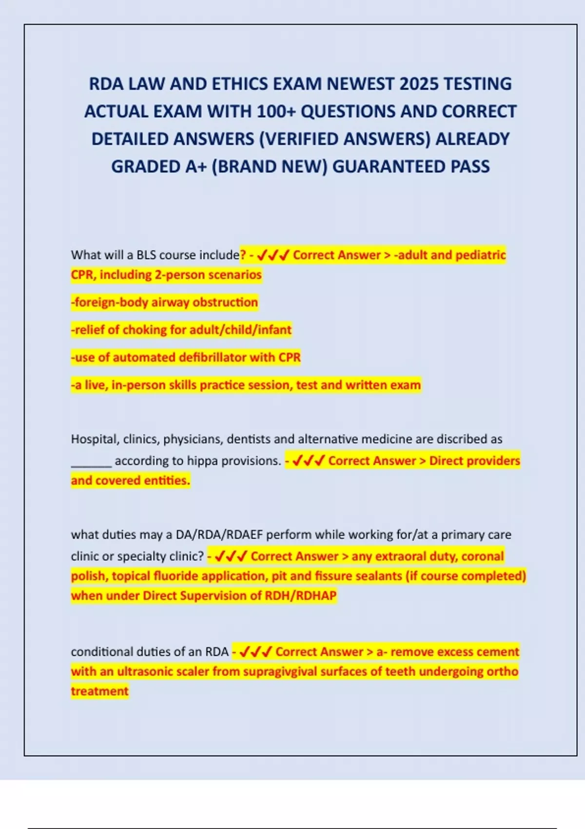 RDA LAW AND ETHICS EXAM NEWEST 2025 TESTING ACTUAL EXAM WITH 100 ...