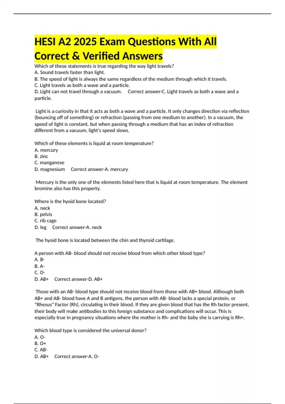 HESI A2 2025 Exam Questions With All Correct & Verified Answers - Hesi ...