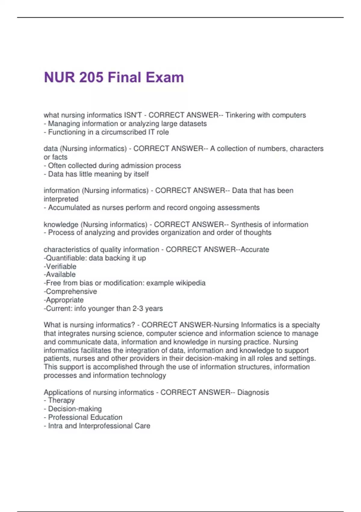 NUR 205 Final Exam Questions with Correct Answers 2025 with complete ...