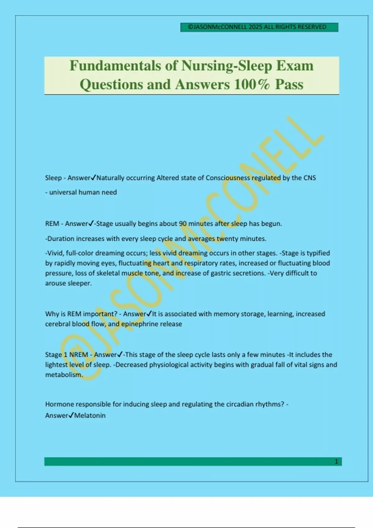Fundamentals of Nursing-Sleep Exam Questions and Answers 100% Pass ...