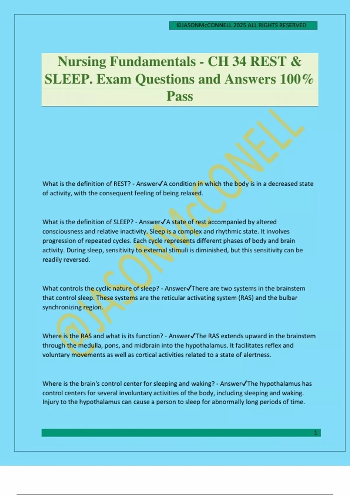 Nursing Fundamentals - CH 34 REST & SLEEP. Exam Questions and Answers ...