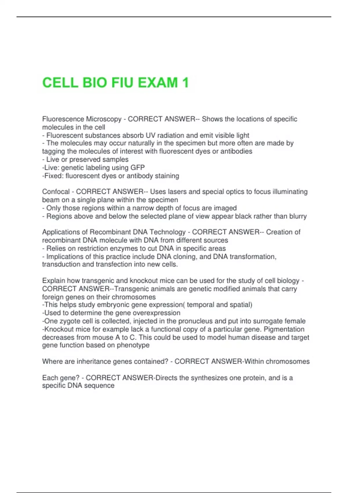 Cell Bio Questions CELL BIO FIU EXAM 1 QUESTIONS & ANSWERS SOLVED 100% CORRECT!! - CELL ...