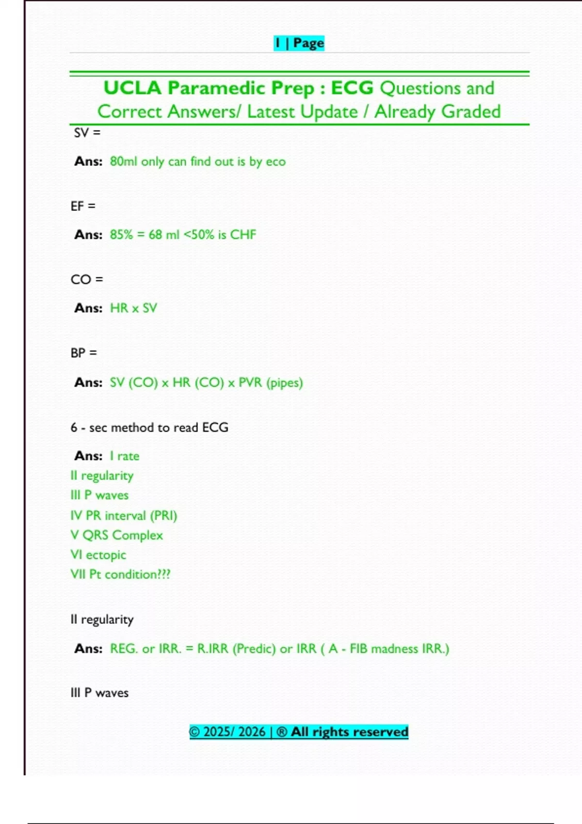 UCLA Paramedic Prep : ECG Questions and Correct Answers/ Latest Update ...