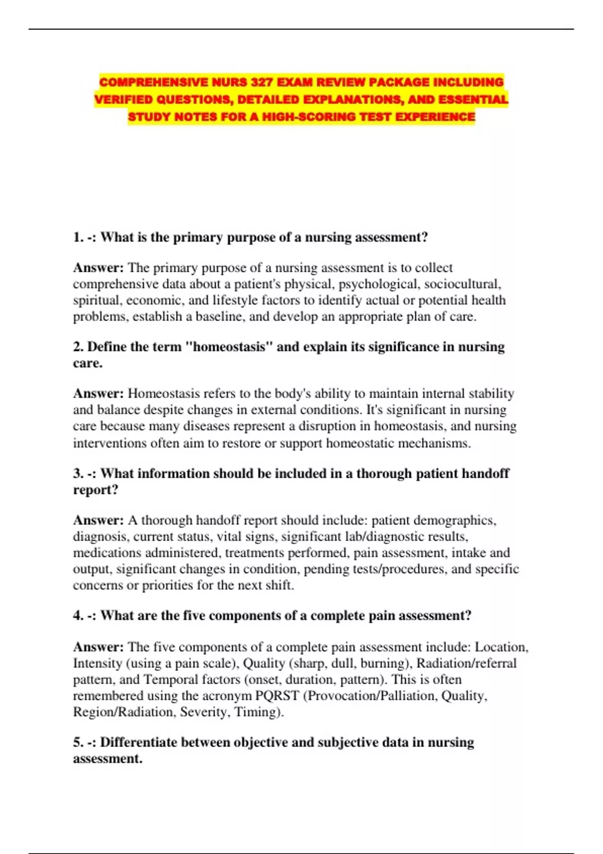 COMPREHENSIVE NURS 327 EXAM REVIEW PACKAGE INCLUDING VERIFIED QUESTIONS ...