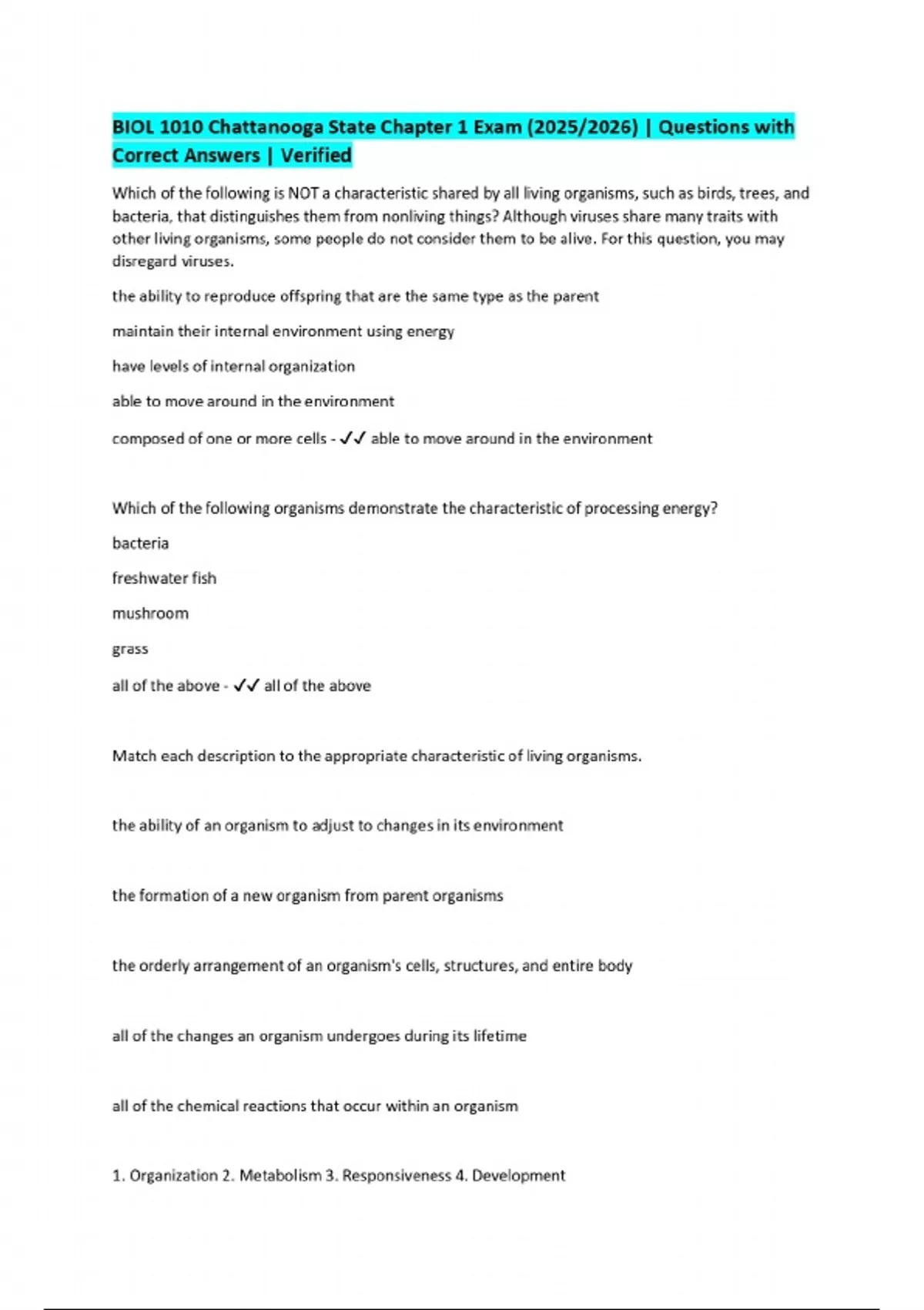 BIOL 1010 Chattanooga State Chapter 1 Exam (2025/2026) | Questions with ...
