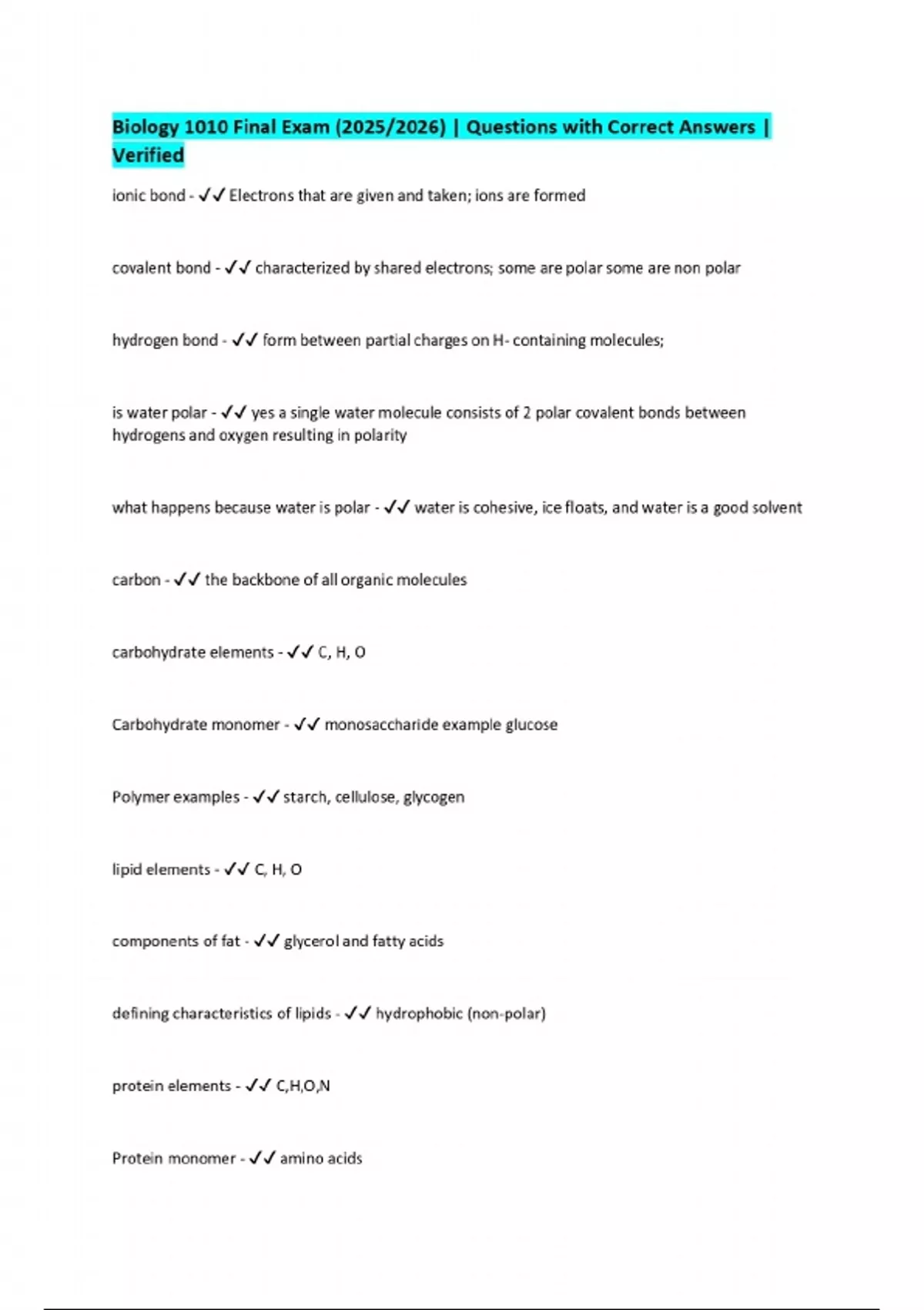 Biology 1010 Final Exam (2025/2026) | Questions with Correct Answers ...
