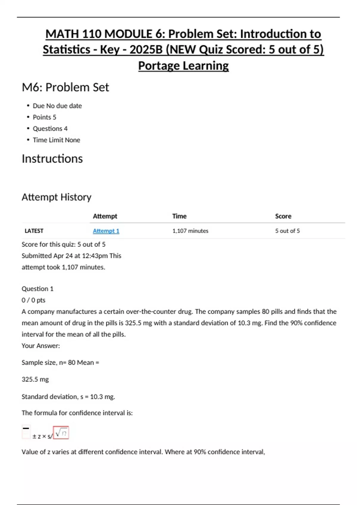 MATH 110 MODULE 6: Problem Set: Introduction to Statistics - Key ...