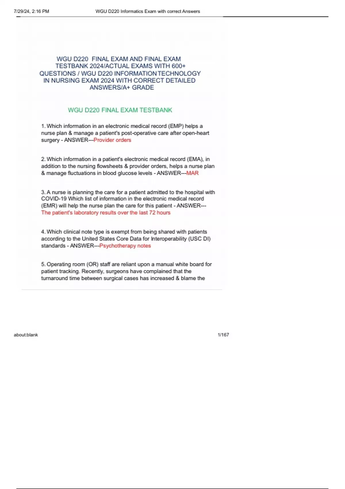 WGU D220 FINAL EXAM AND FINAL EXAM TESTBANK 2024/ACTUAL EXAMS WITH 600 ...