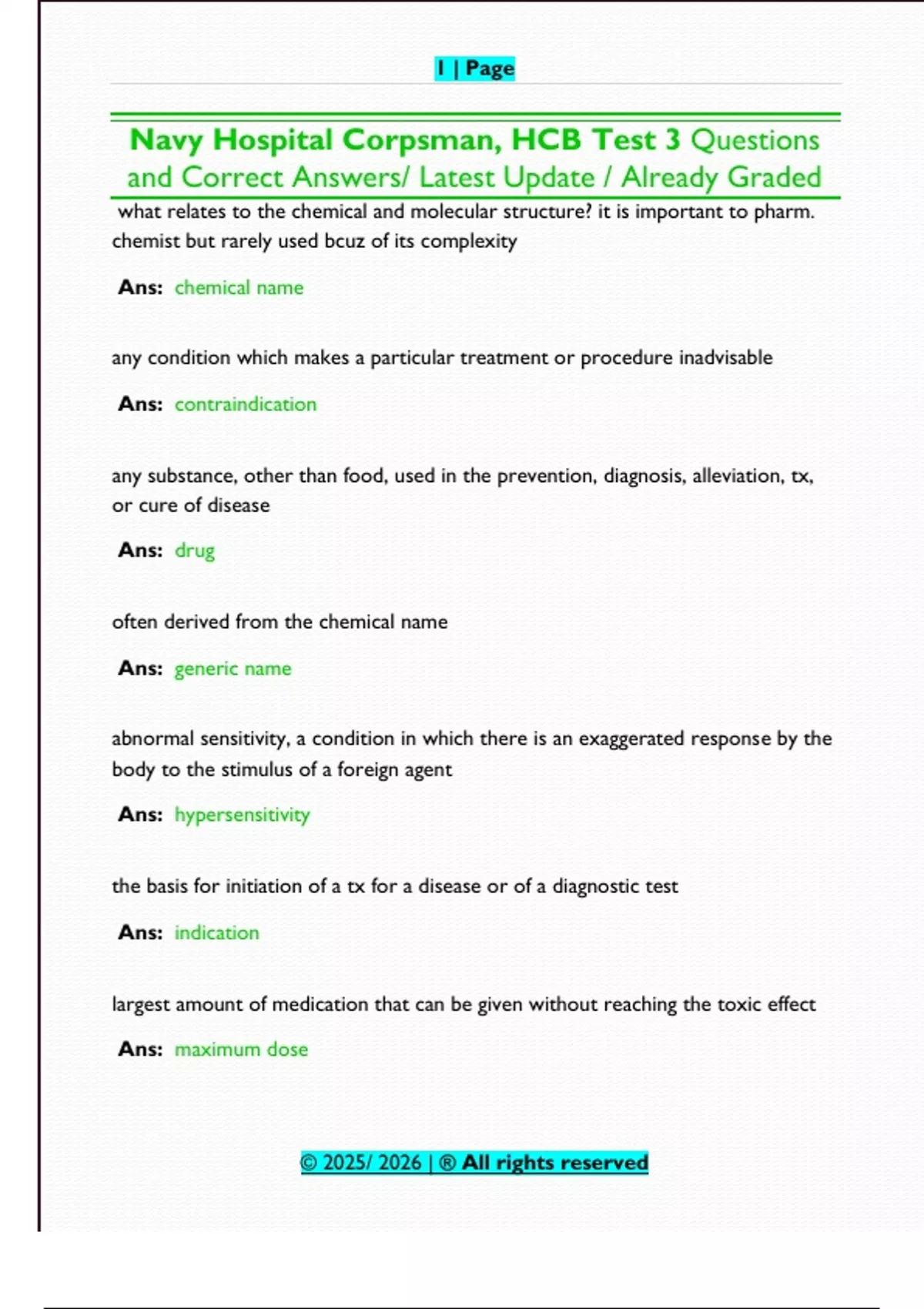 avy Hospital Corpsman – HCB Test 3 – 2025/2026 – Full Q&A Study Guide ...