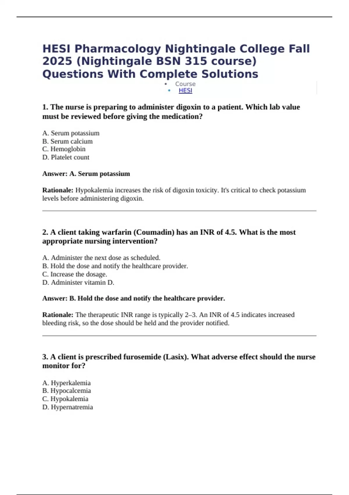 HESI Pharmacology Nightingale College Fall 2025 (Nightingale BSN 315