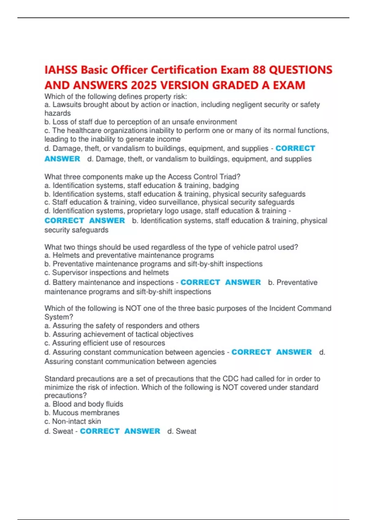 IAHSS Basic Officer Certification Exam 88 QUESTIONS AND ANSWERS 2025 ...