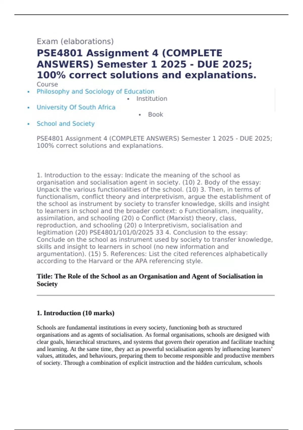 PSE4801 Assignment 4 (COMPLETE ANSWERS) Semester 1 2025 - DUE 2025; 100 ...