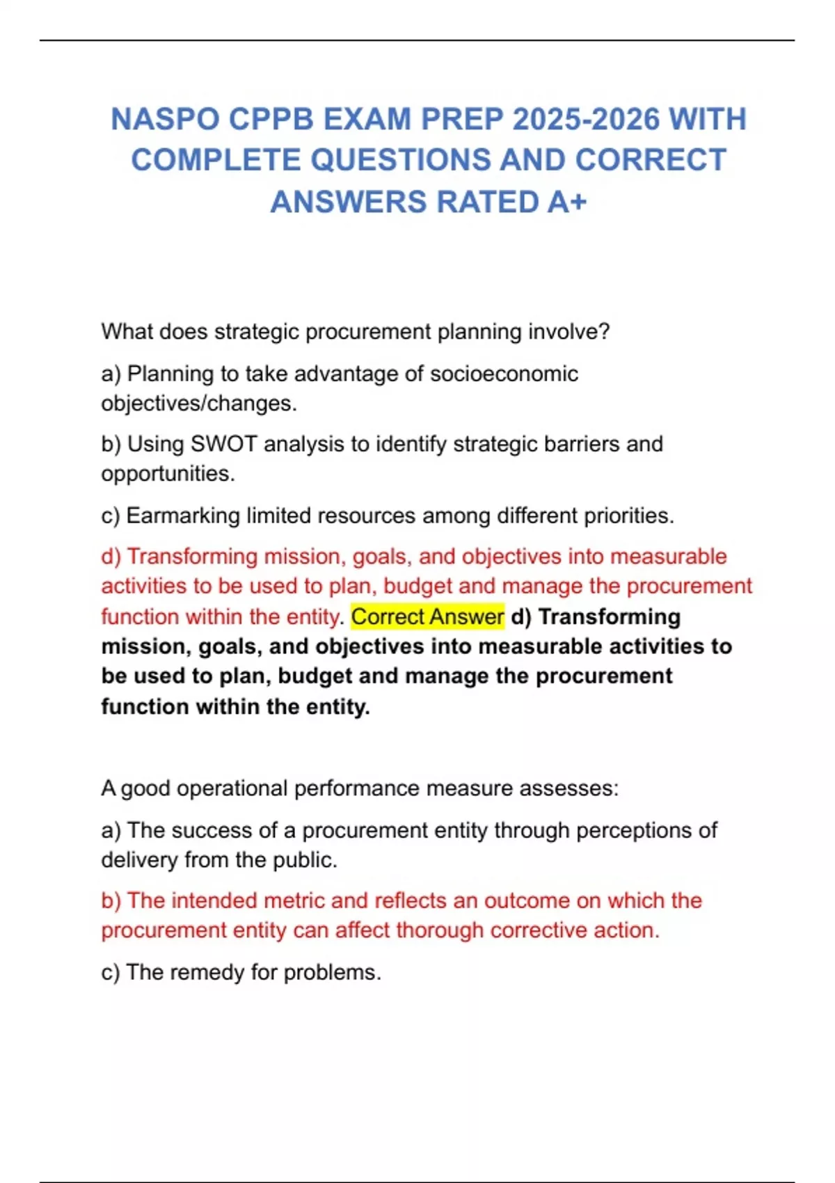 NASPO CPPB EXAM PREP WITH COMPLETE QUESTIONS AND CORRECT ANSWERS RATED ...
