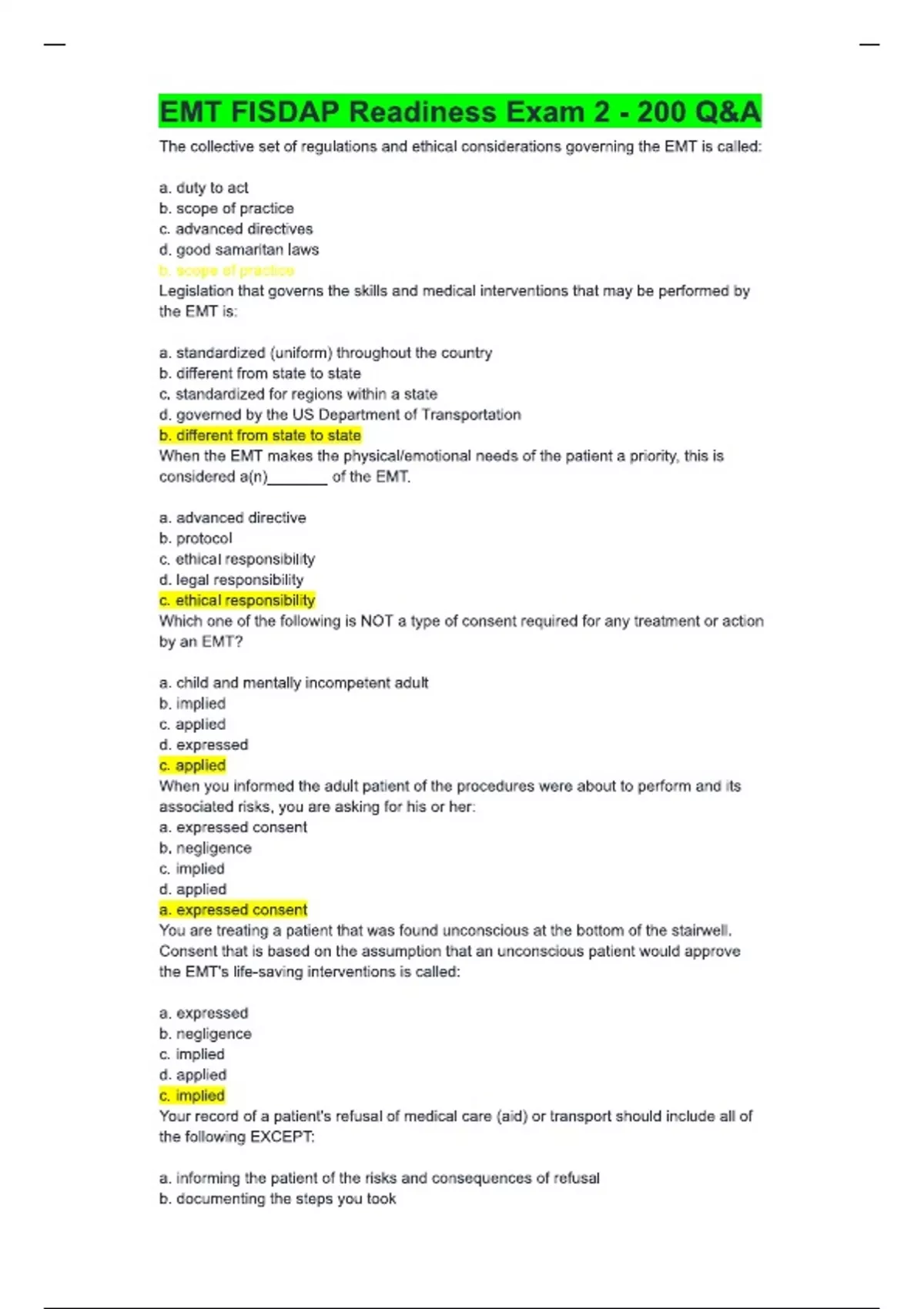 EMT FISDAP Exam 2 (Latest 2025 / 2026 Update), Questions with correct ...