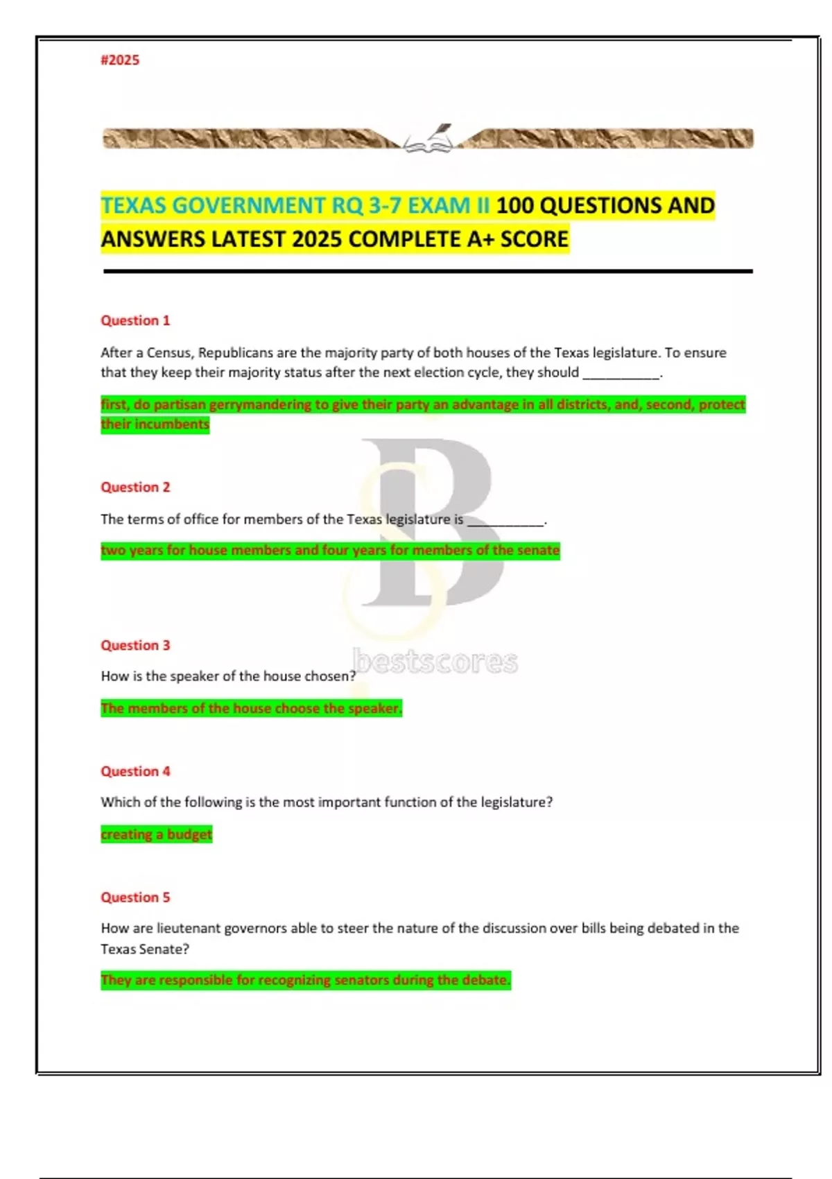 TEXAS GOVERNMENT RQ 3-7 EXAM II 100 QUESTIONS AND ANSWERS LATEST 2025 ...