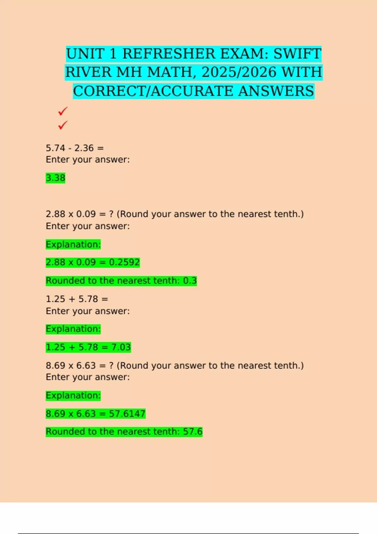 UNIT 1 REFRESHER EXAM: SWIFT RIVER MH MATH, 2025/2026 WITH CORRECT ...