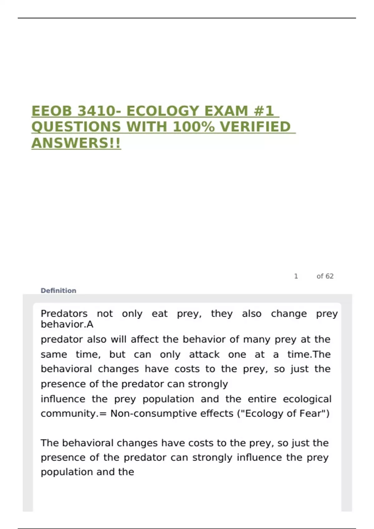 Eeob Database EEOB 3410- ECOLOGY EXAM #1 QUESTIONS WITH 100% VERIFIED ANSWERS ...