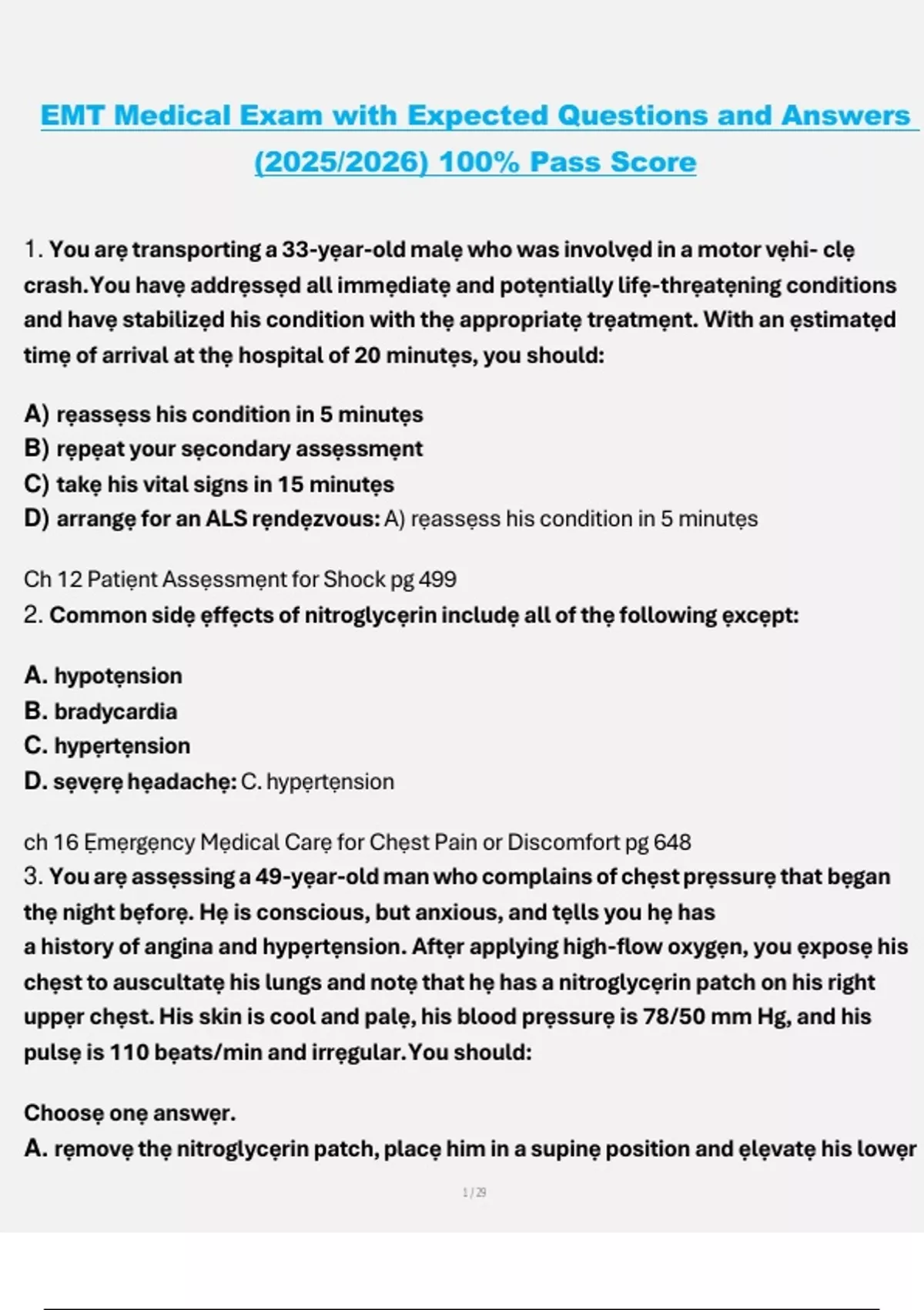 EMT Medical Exam – Expected Questions and Answers | 100% Pass Score ...