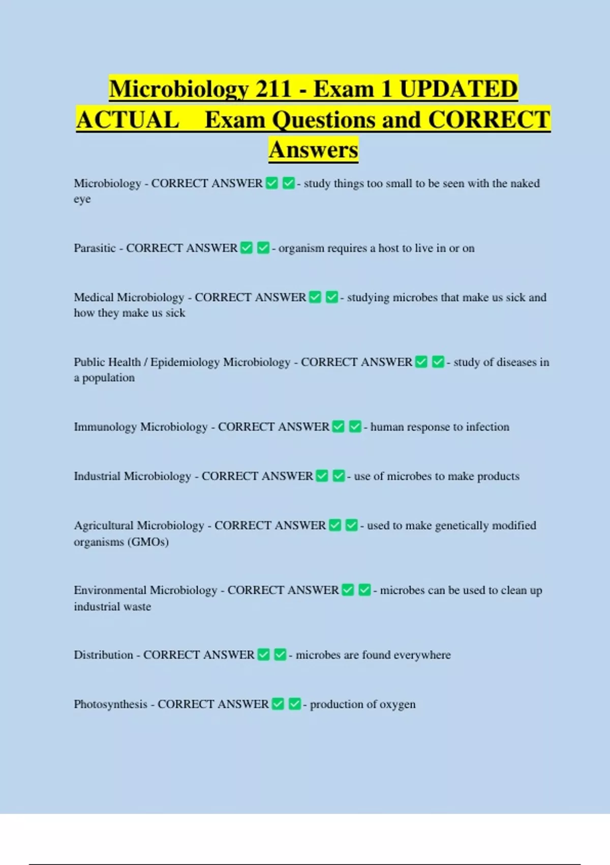 Microbiology 211 Bundled Exam Questions WITH CORRECT Answers - Stuvia US