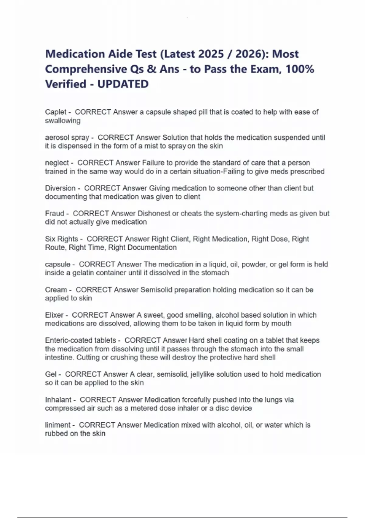 Medication Aide Test Latest 2025 2026 Most Comprehensive Qs Ans