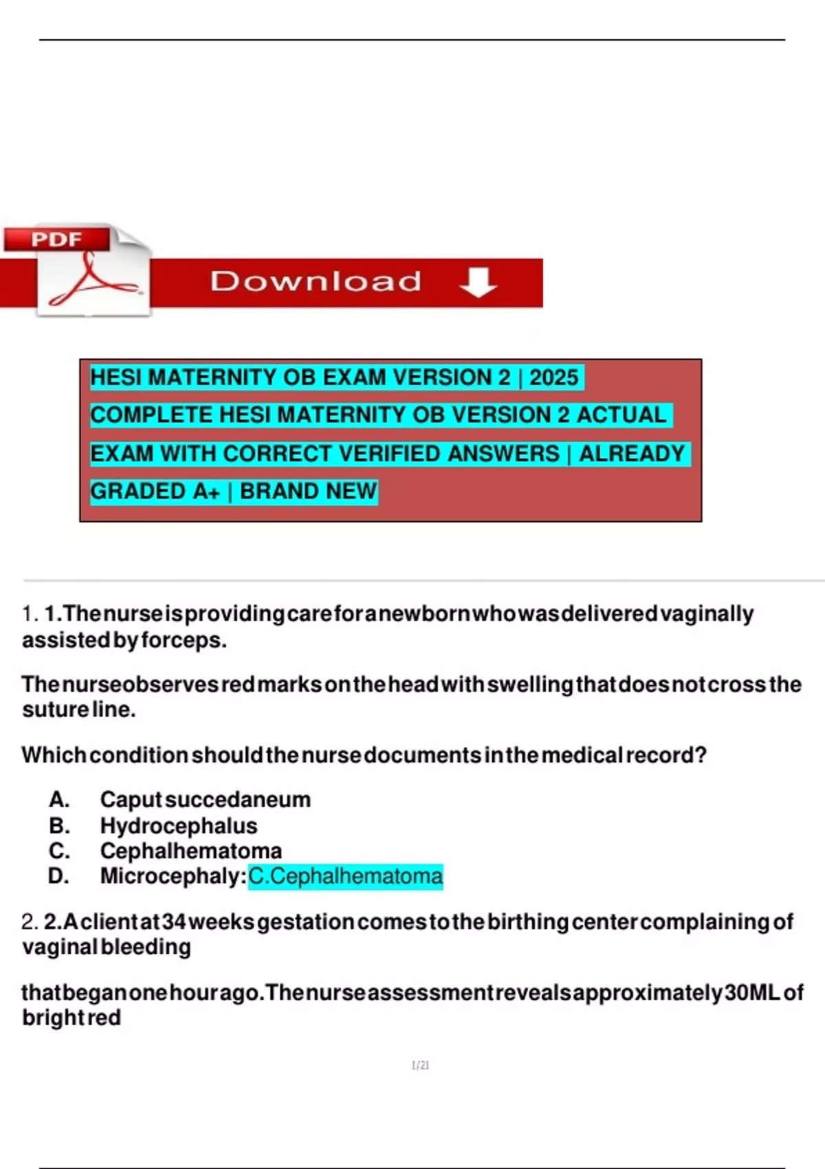 HESI MATERNITY OB EXAM VERSION 2 | 2025 COMPLETE HESI MATERNITY OB ...